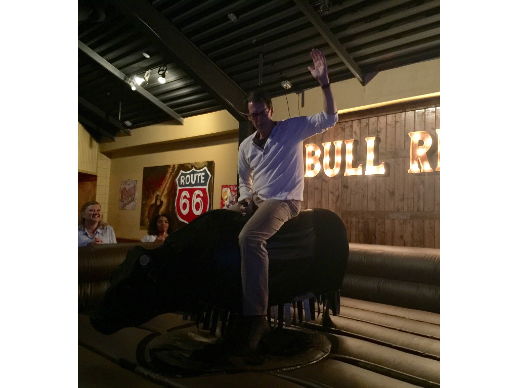 Our fearless CEO takes a spin on the mechanical bull!